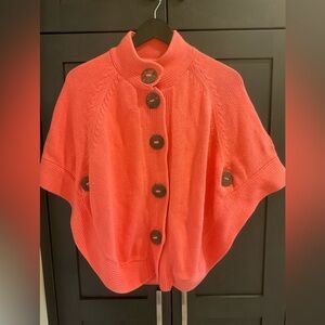 🧶 Anthropologie Pure Handknit Coral Poncho Sweater S/M Boho Button Cape EUC